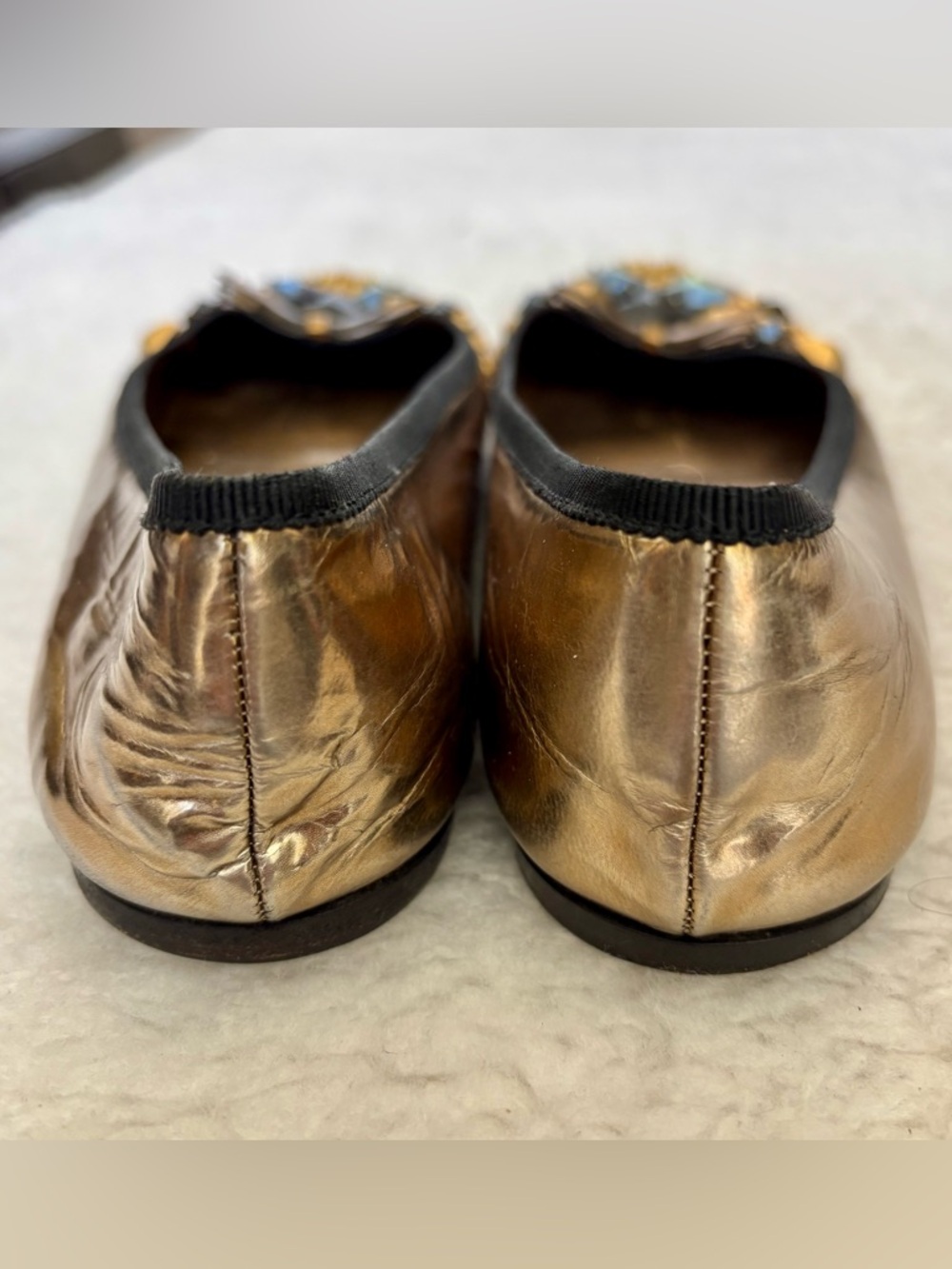 Prada Gold Metallic Embellished Jeweled Ballet Flats size EU 38.5  US 8 - Picture 9 of 12